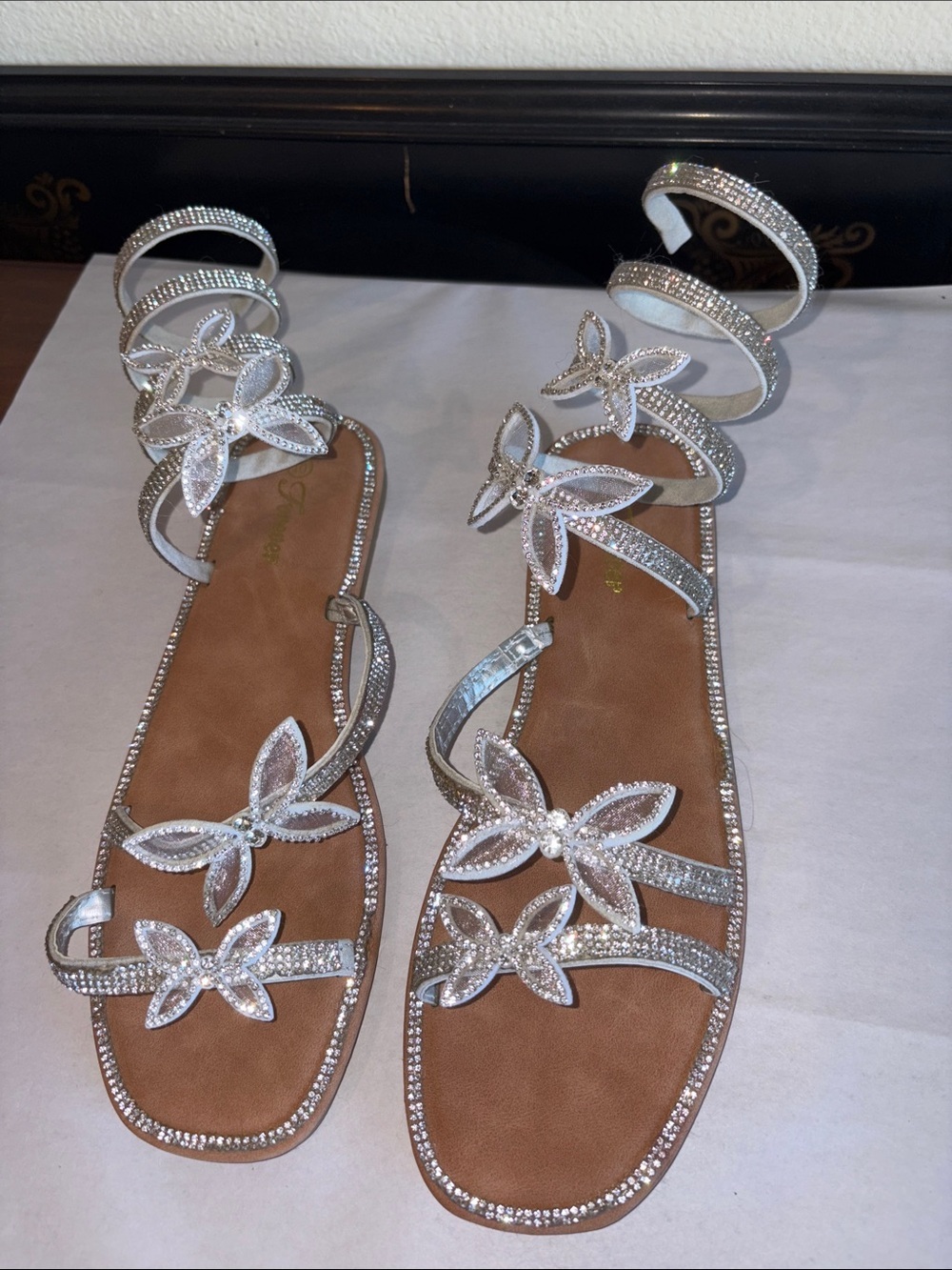 Sandals with ankle strap and  butterflies with rhinestones